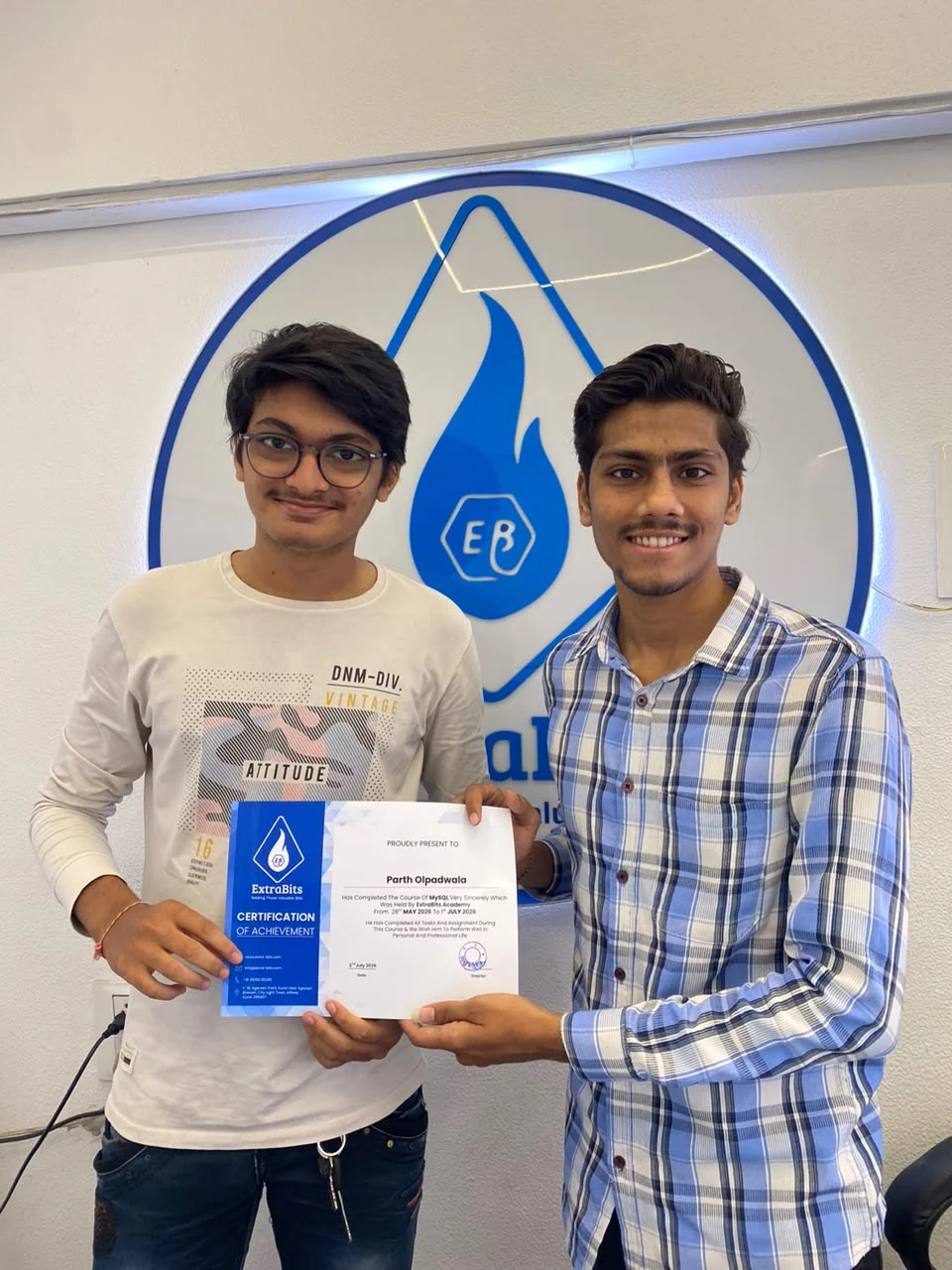 Student Achievement Certificate at ExtraBits Academy  Surat